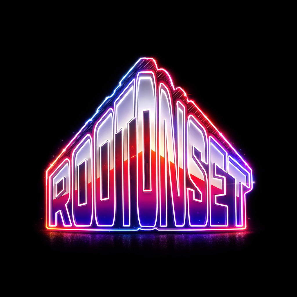 Neon ROOTONSET wordmark on a black background
