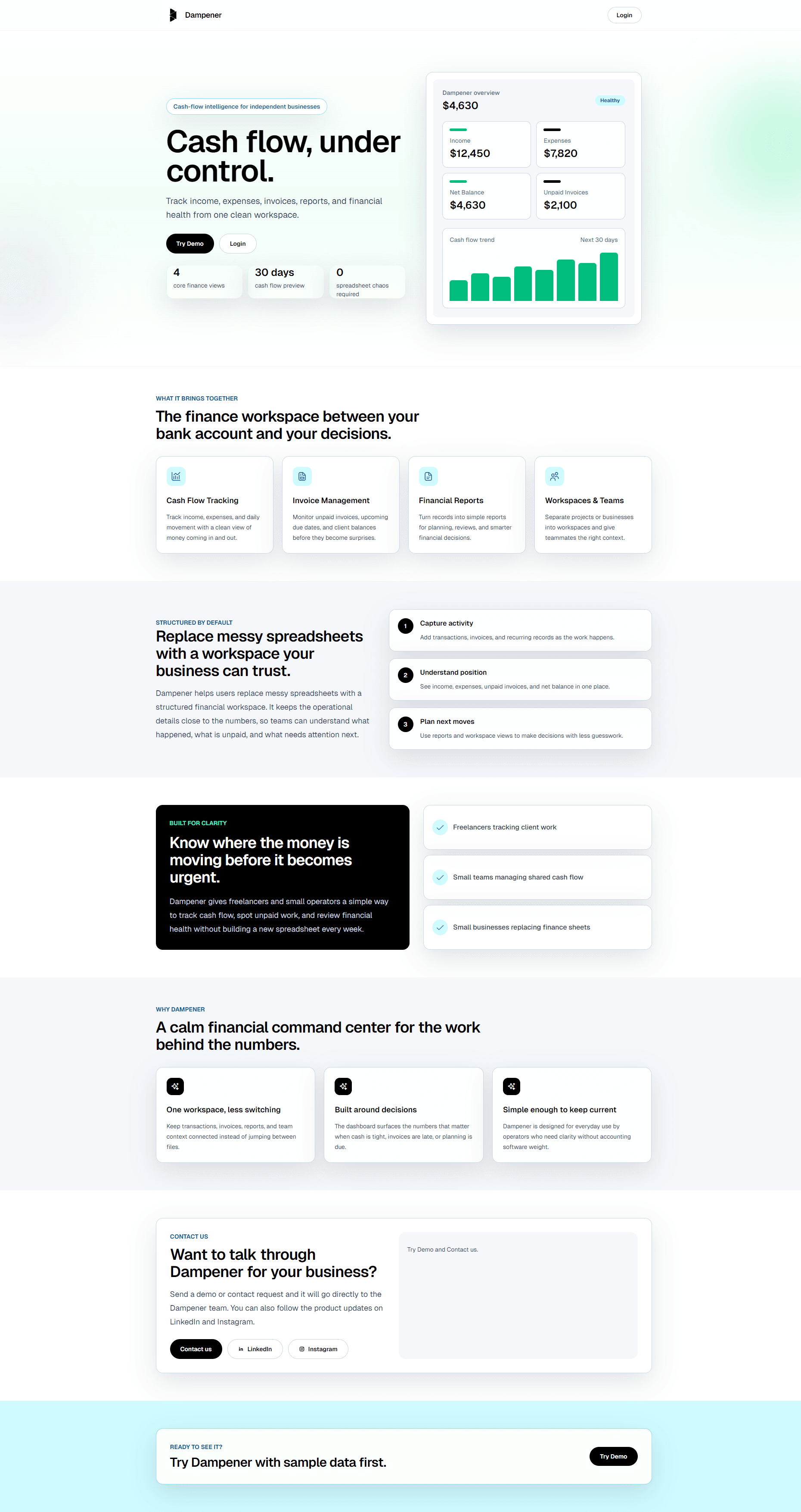 Dampener landing page with a dark finance product layout