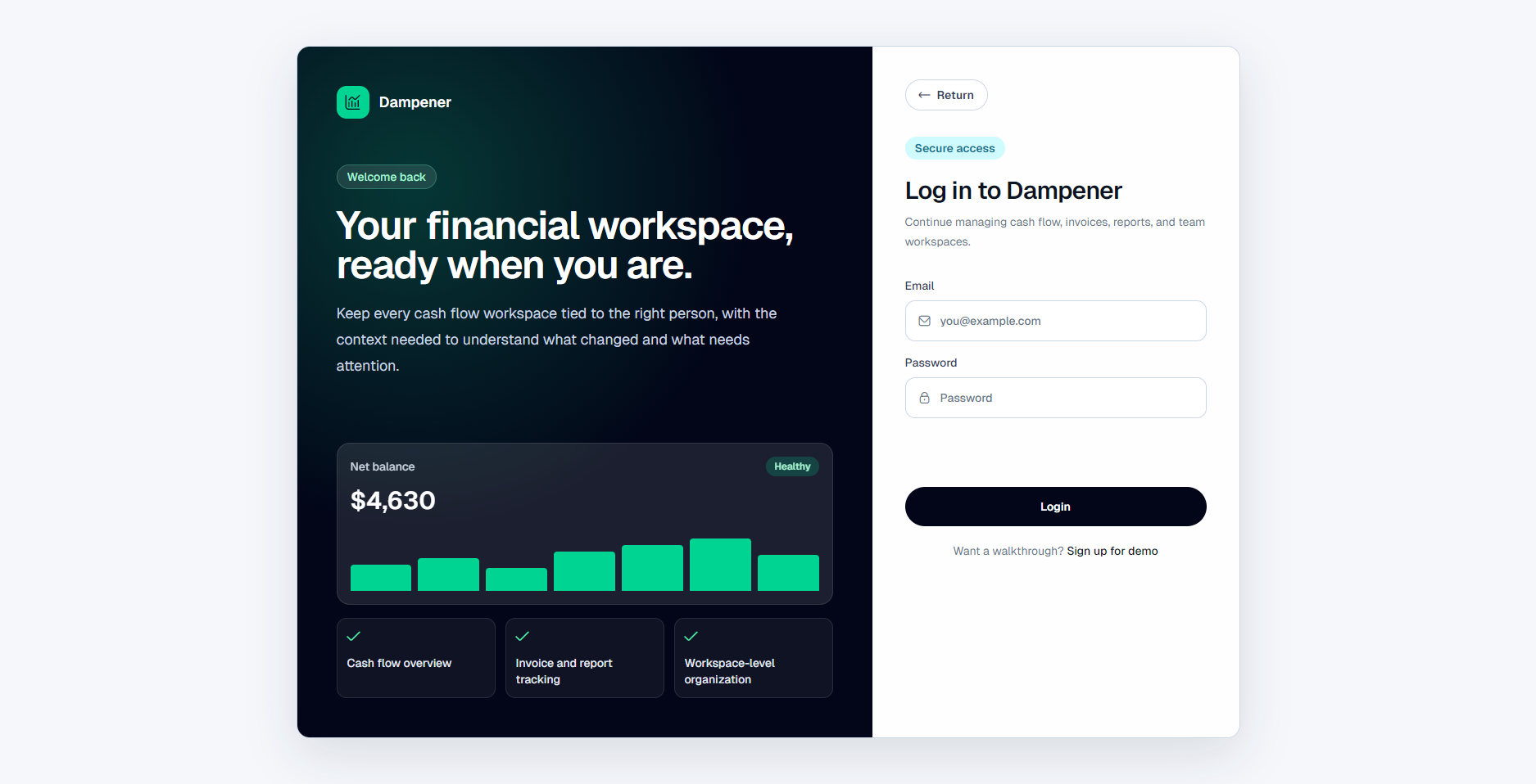 Dampener login page with financial workspace preview